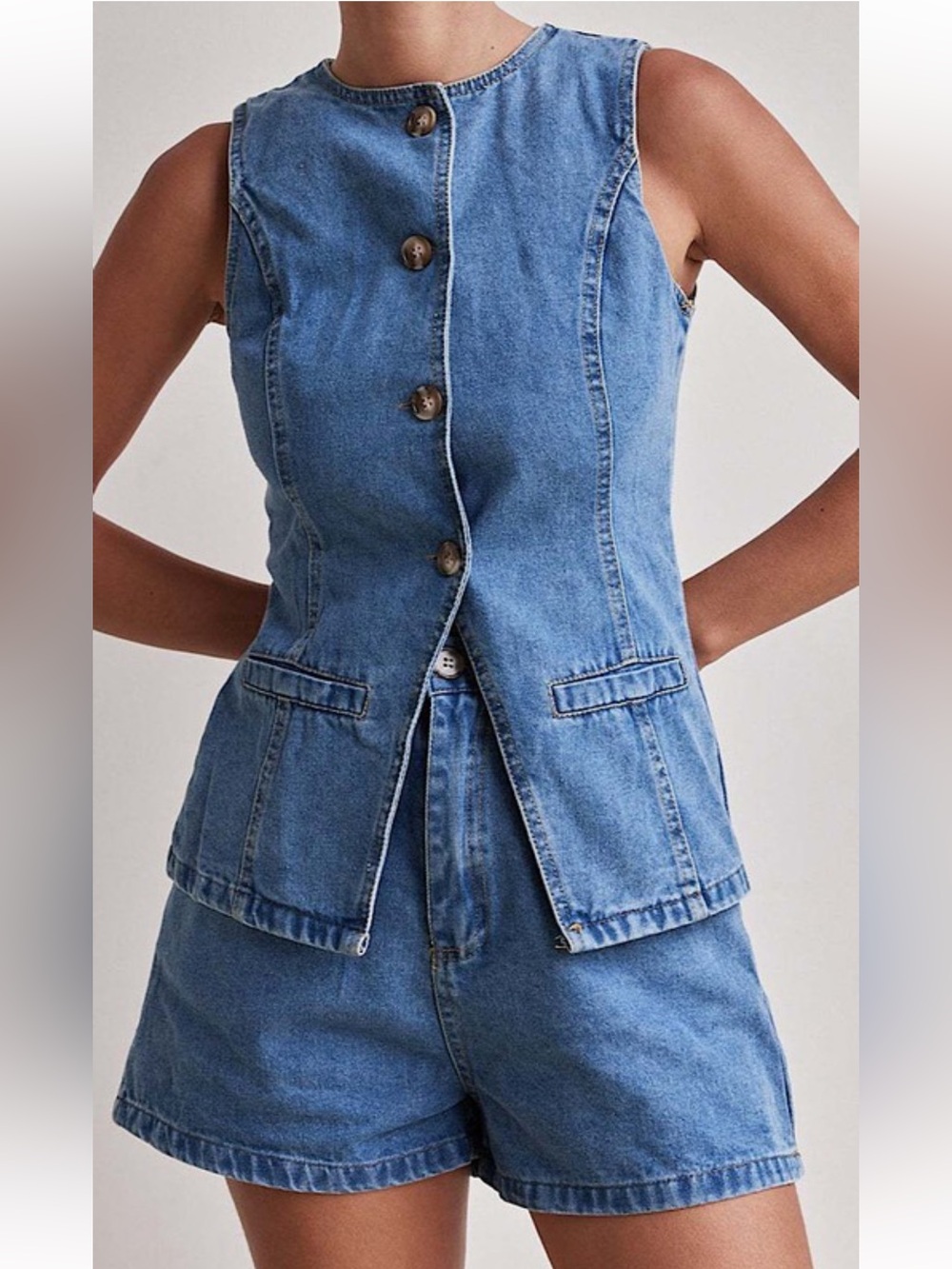 Light Blue Denim Sleeveless Button Vest & Shorts Set